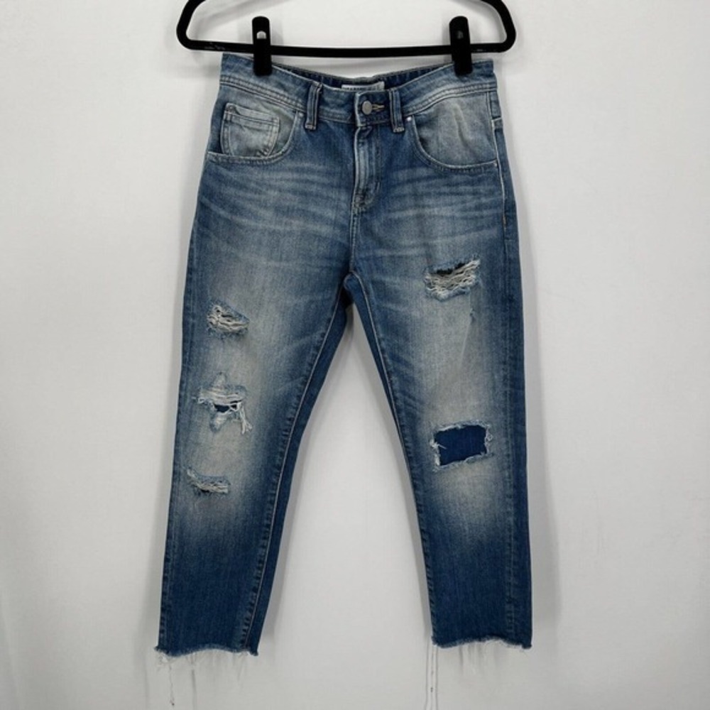 Zara Jeans Straight Mid Rise Distressed Raw Hem 100% Cotton Faded